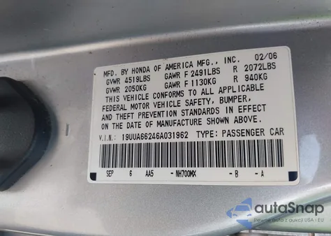 2006 Acura 3.2Tl from USA, damaged, VIN 19UUA66246A031962